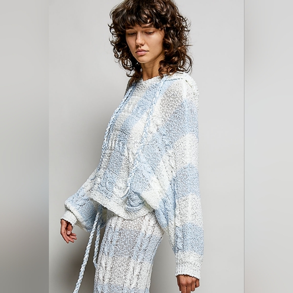 ​POL Blue & White Striped Cable Knit Hoodie & Wide Leg Pant Coordinated Set - Picture 10 of 12